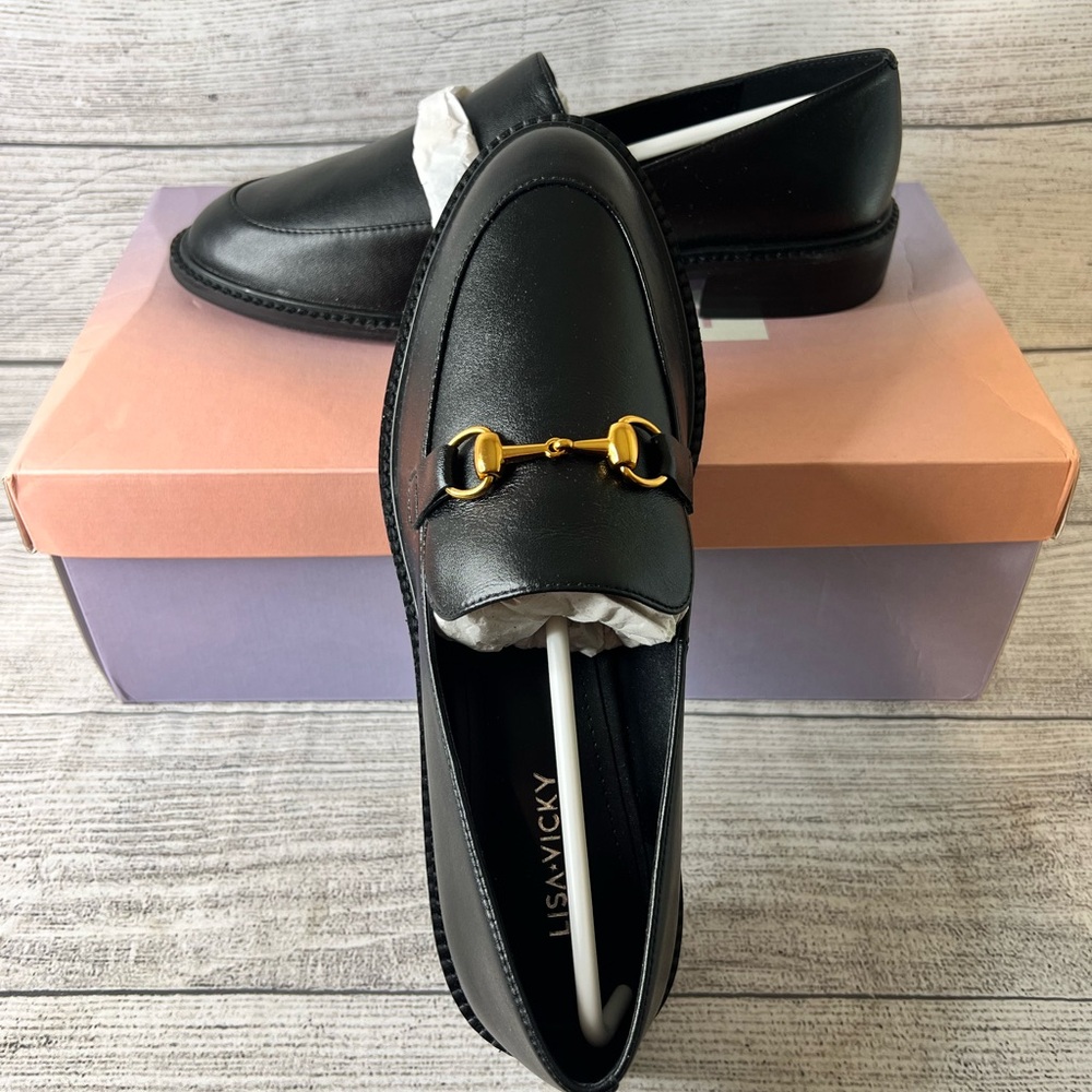Black Loafers with Gold Accent Lisa Vicky
Size 8 1/2